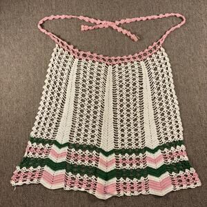Vintage Crochet Apron Pink Green White Handmade 1970s